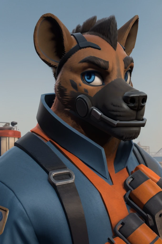 handsome, hyena, scruffy fringe, navy blue collar, blue eyes, good eyes, team fortress 2 style, dressed as pyro form team fortress 2