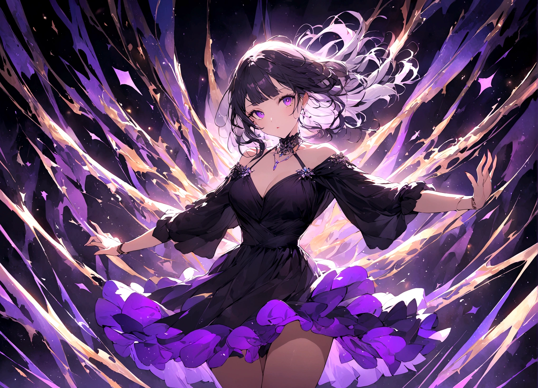 In a world filled with vibrant colors and intricate details, a graceful 2D anime-style woman moves elegantly in her modern room to the hypnotic beats of electronic dance music. She exudes a sense of beauty and grace, her modern outfit accentuating her fluid movements. This stunning image captures the essence of both contemporary fashion and dance, depicted in a high-quality digital painting that immerses viewers in the enchanting atmosphere of the scene. Every detail, from the flowing lines of her hair to the dynamic poses she strikes, is meticulously rendered with precision and skill