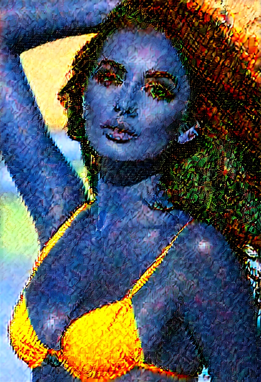 fait moi une femme hispanique bronzer cheveux bruns yeux marron avec de en tenu un peux sexy mais en maillot de bain ou en sous vetements.