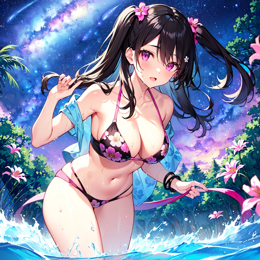 masterpiece, best quality, high quality, extremely detailed, very delicate and beautiful, (1 female 18 years old solo:1.2), (long black hair up to waist with two side up:1.4), bangs to eyebrows, eyes (eyes sharp and strong with glossy glossy eyes, eyebrows glossy, (eye color magenta:1.3), 6.5 head height, (summer flower print in bikini swimsuit:1.3), (bathing and wet), (dynamic pose), (background river and forest:1.3), (Milky Way Night Sky: 1.3)