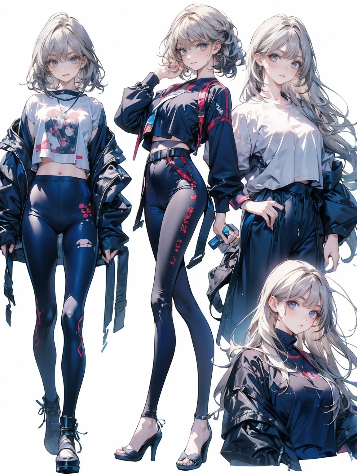 , (White Hair Girl), (Thick, dark blue eyebrows:1.4), (Dark blue eyebrows:1.7), (Thick eyebrows:1.3), (Huge black fluffy animal ears:1.1), (Black animal ears:1.1), BREAK, (((Mesh Stitching Crop T-Shirt, Cutout Long Sleeve Top))),BREAK, (Big Breasts:1.2, Thick legs, Adult female body, Sturdy body:1.5, Japanese style costume:1.5, Beautifully colored kimono:1.5,), ((Action pose:1.4 )), (sharp eyes, Ultra-high definition CG, Precisely designed costumes, 4K, 8K, Ultra-high definition CG, Precisely designed costumes, Clear lines, Expressive and Captivating Eyes, Fine Details and Realistic Textures, cinematic lighting), ((white background)), BREAK, (Wearing black leggings with holes), Skinny sleeves, (Torn and holey leggings:1.2)(Black leggings:1.4), (過剰なRuggedThick soleブーツを履いています:1.2), (Thick sole:1.5), (Big shoes:1.3),