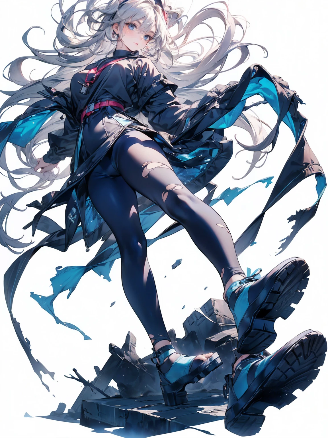 , (White Hair Girl), (Thick, dark blue eyebrows:1.4), (Dark blue eyebrows:1.7), (Thick eyebrows:1.3), (Huge black fluffy animal ears:1.1), (Black animal ears:1.1), BREAK, (((Mesh Stitching Crop T-Shirt, Cutout Long Sleeve Top))),BREAK, (Big Breasts:1.2, Thick legs, Adult female body, Sturdy body:1.5, Japanese style costume:1.5, Beautifully colored kimono:1.5,), ((Action pose:1.4 )), (sharp eyes, Ultra-high definition CG, Precisely designed costumes, 4K, 8K, Ultra-high definition CG, Precisely designed costumes, Clear lines, Expressive and Captivating Eyes, Fine Details and Realistic Textures, cinematic lighting), ((white background)), BREAK, (Wearing black leggings with holes), Skinny sleeves, (Torn and holey leggings:1.2)(Black leggings:1.4), (過剰なRuggedThick soleブーツを履いています:1.2), (Thick sole:1.5), (Big shoes:1.3),
