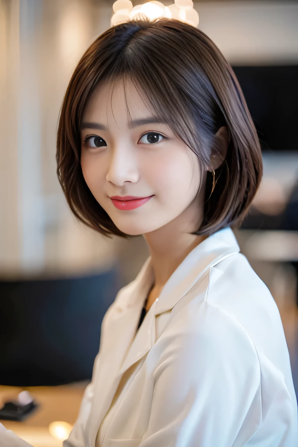 (highest quality、16K、masterpiece、realistic、Super detailed、Beautiful in every detail、ray tracing)、photograph、
At the office、((Shoot from a distance to capture the whole body))、
beautiful asian woman、japanese woman、25 year old female model、whole body、blazer、mask、
(detailed face、golden ratio of beauty)、gentle smile、brown hair、((medium bob hair))