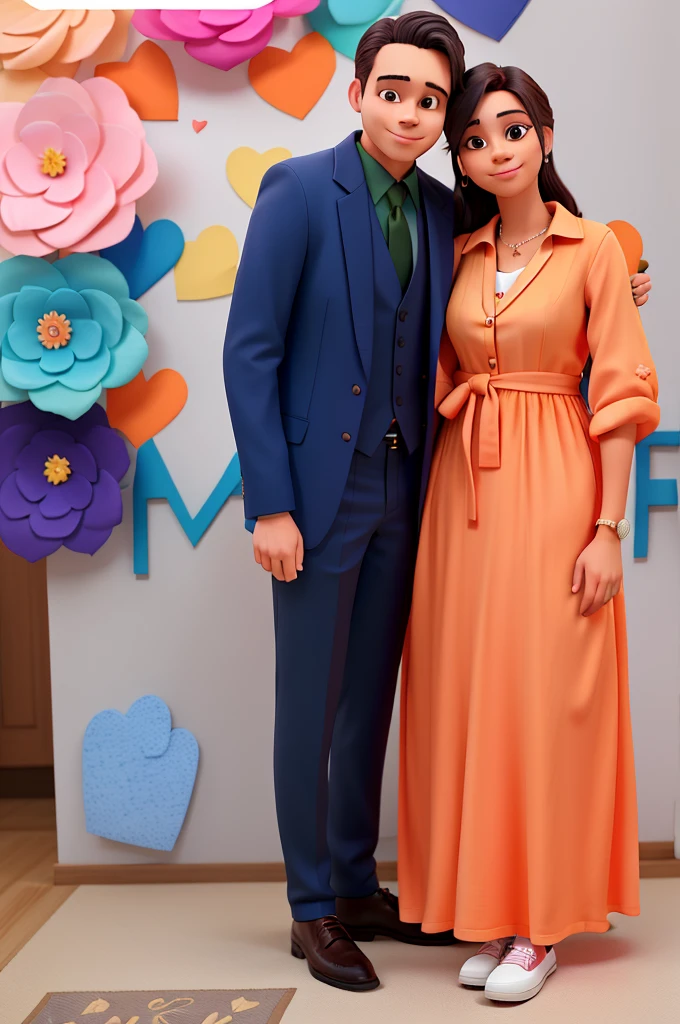 A couple in love.he in a suit and she in an orange dress