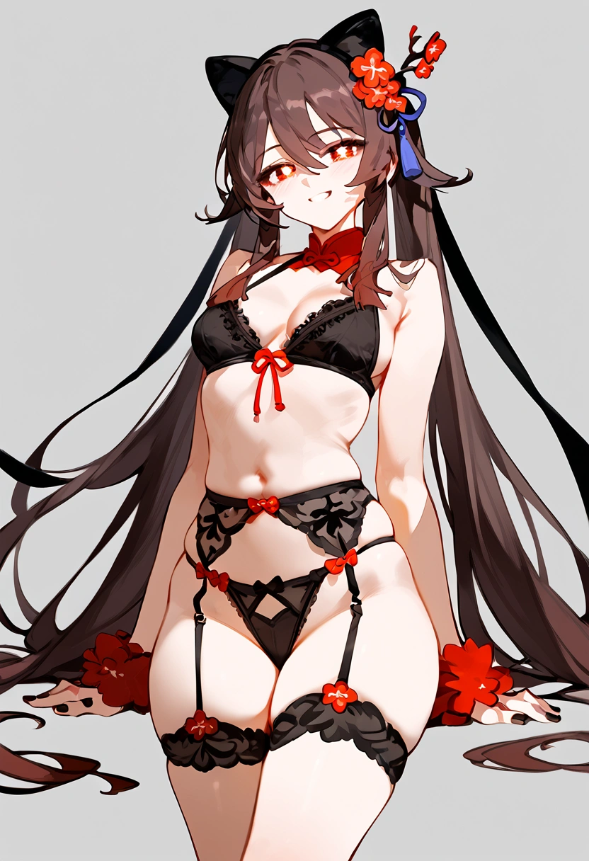 anime artwork, score_9, score_8_up, score_7_up, score_6_up, score_5_up, score_4_up, hu tao, she is 24 years old, style_3, gray background, , , , , _, fake cat ears,, smile, solo, bridal lingerie
