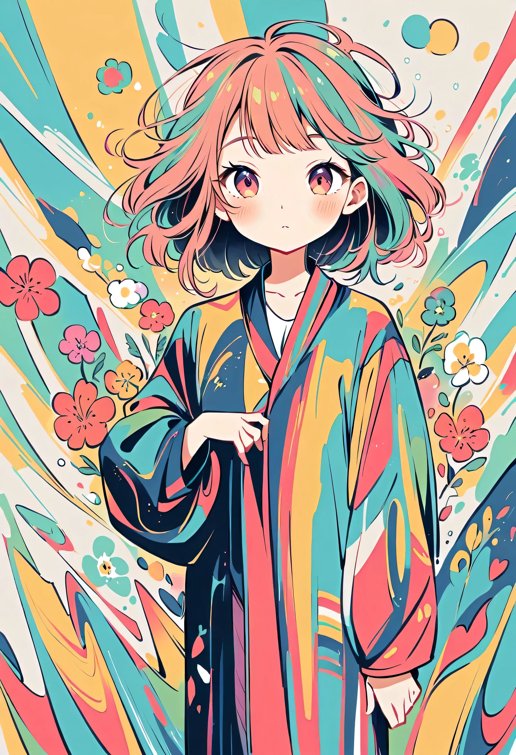 Watase Seizo style, Standing in front of a high wall,Simple Line Initialism,Abstract art,Urban Background, (((The most beautiful girl))), colorful flowers