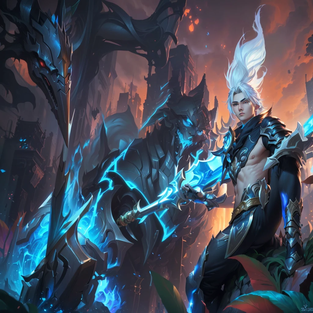 a young man dressed in black holding a long spear, silver hair, sitting on the corpse of a giant monster, in the city, ezreal (league of legends, ross tran and bayard wu, by Yang J, hero colorful city light pose, league of legends characters, official splash art, heise jinyao, ross tran style, league of legends character art, ross tran and artgerm, keqing from impact by genshin, 4k, full HD