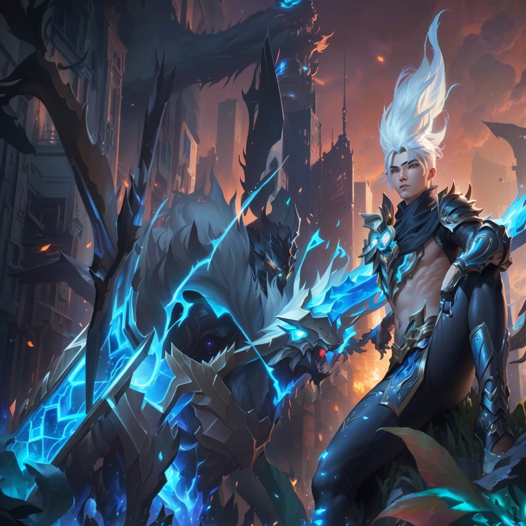 a young man dressed in black holding a long spear, silver hair, sitting on the corpse of a giant monster, in the city, ezreal (league of legends, ross tran and bayard wu, by Yang J, hero colorful city light pose, league of legends characters, official splash art, heise jinyao, ross tran style, league of legends character art, ross tran and artgerm, keqing from impact by genshin, 4k, full HD