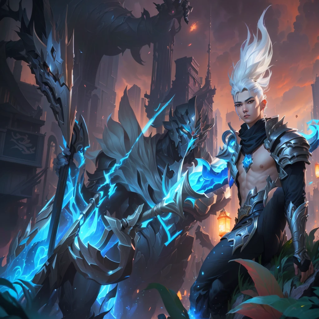 a young man dressed in black holding a long spear, silver hair, sitting on the corpse of a giant monster, in the city, ezreal (league of legends, ross tran and bayard wu, by Yang J, hero colorful city light pose, league of legends characters, official splash art, heise jinyao, ross tran style, league of legends character art, ross tran and artgerm, keqing from impact by genshin, 4k, full HD