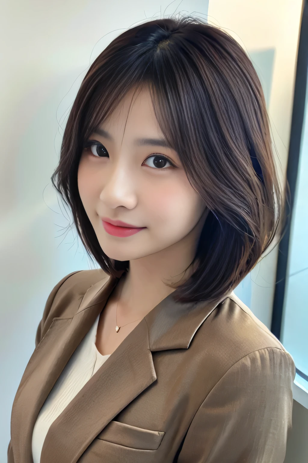 (highest quality、16K、masterpiece、realistic、Super detailed、Beautiful in every detail、ray tracing)、photograph、
At the office、((Shoot from a distance to capture the whole body))、
beautiful asian woman、japanese woman、25 year old female model、whole body、blazer、mask、
(detailed face、golden ratio of beauty)、gentle smile、brown hair、((medium bob hair))
