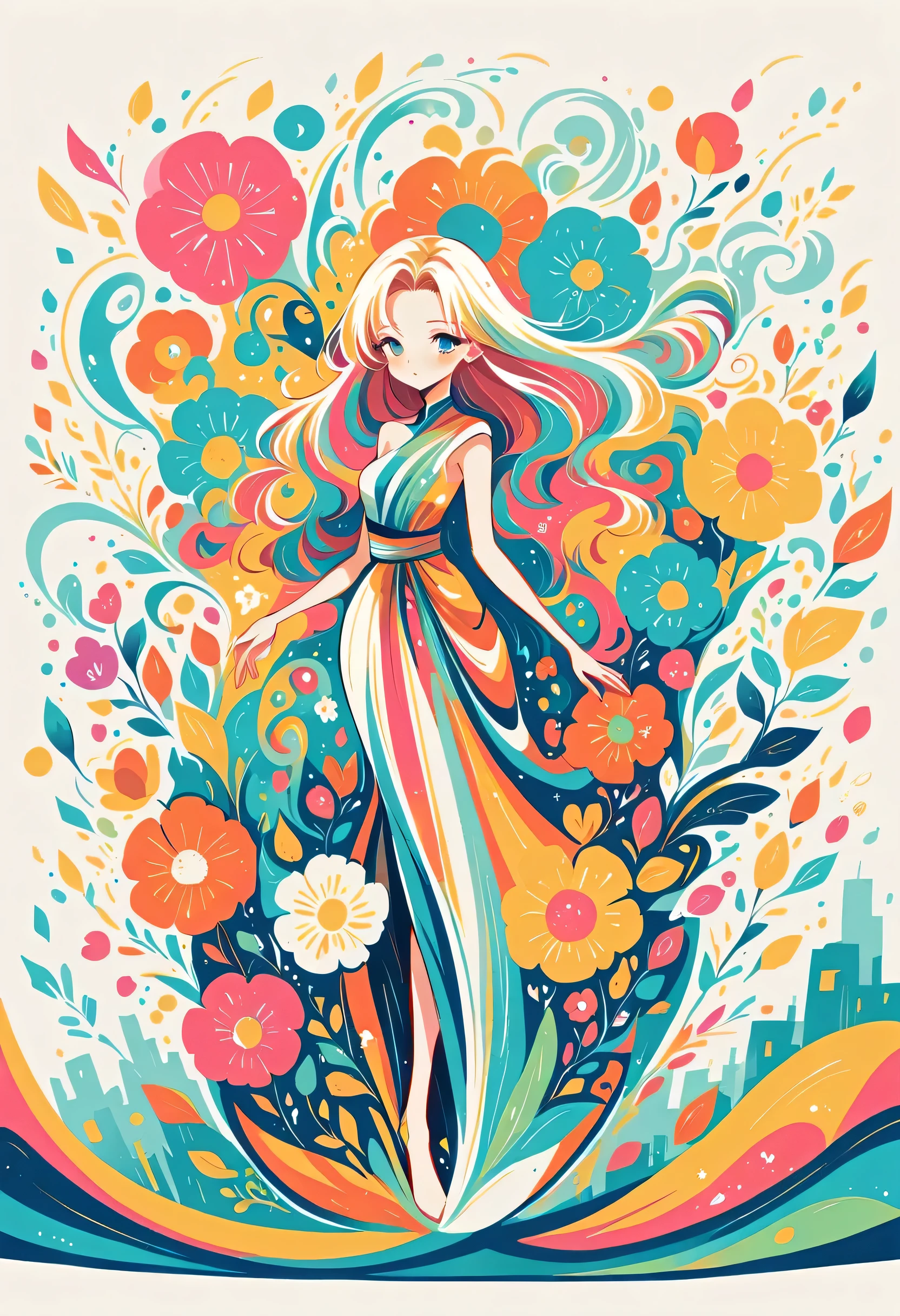 Watase Seizo style, Standing in front of a high wall，Simple Line Initialism，Abstract art，Urban Background, (((The most beautiful girl))),  colorful flowers