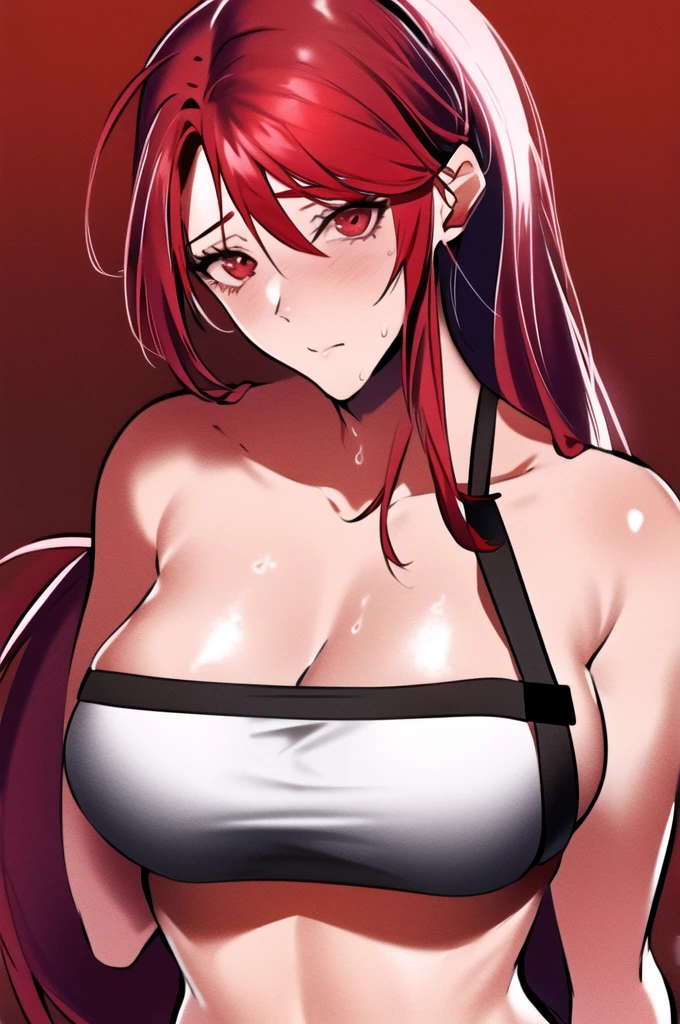 1girl, belt, black tanktop, midriff, closed mouth, ero404, garter straps, hair between eyes, large breasts, long hair, looking at viewer, ponytail, red eyes, red hair, solo, very long hair, white background, (masterpiece),(best quality), armpits, sweat, netorare,