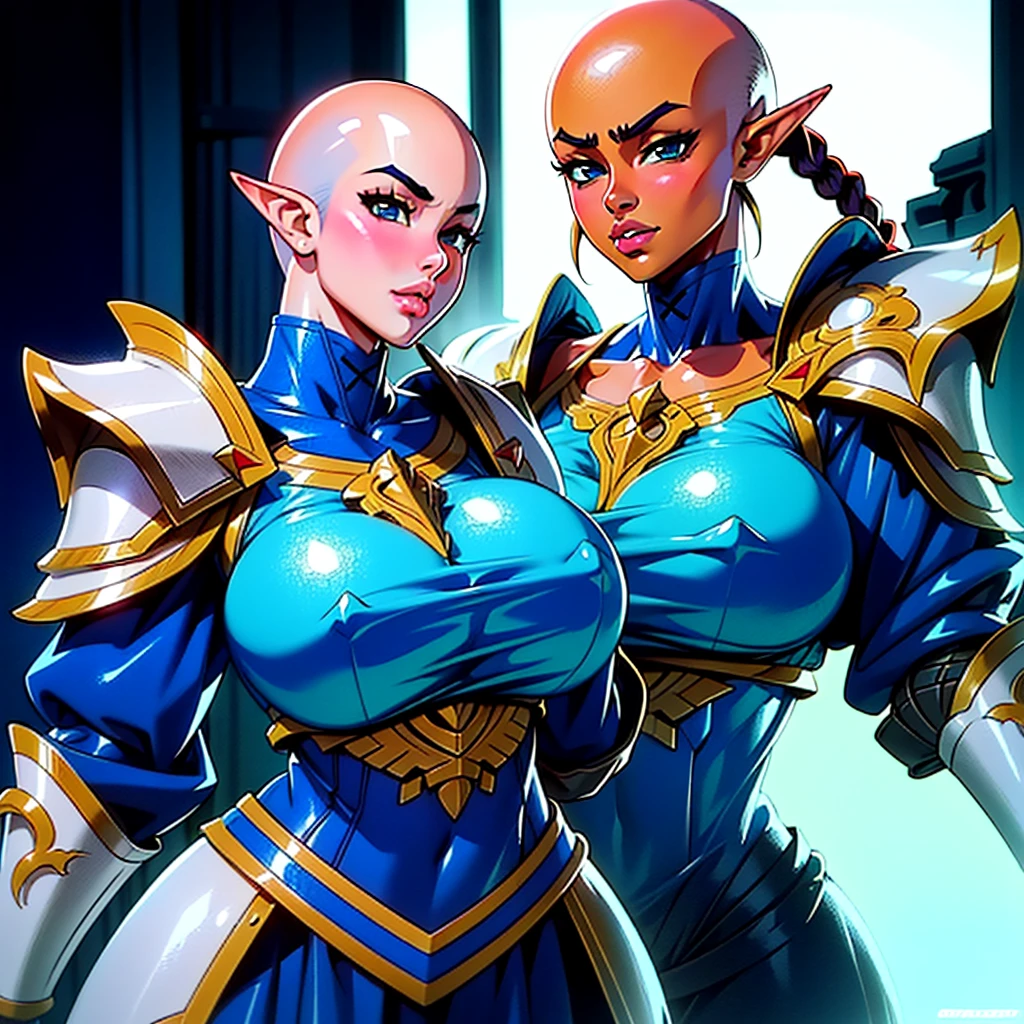 (((1girl:1.8))), ((bulky woman:1.5)) sehele style, anime style, (((dark elf))) (((blue skin:1.5))) (((smoldering eyes))), ((bald:1.5)), ((no hair:1.5)), 8k, 4k, Unreal Engine 5, (braided ponytail:1.3), octane render, trending on pixiv, ((huge shoulder pads:1.7)) (wide shoulders:1.1), (large biceps:1.5), fanbox, skeb, (((white armor:1.5))), masterpiece, ((slendered abs:1.2)),(pressed breasts together:1.4), (full bodied), wide hips, (full lips:1.5), smooth soft skin, big dreamy eyes, beautiful anime wide eyes, soft lighting, concept art, digital painting,