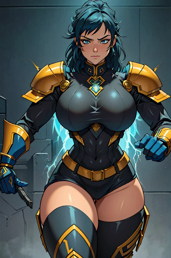 4K, work of art, high resolution, absurderes,, edgThunderstruck, a woman with a blue and gold armors ,usando edgThunderstruck_armors, electrified, heavy thunder,  