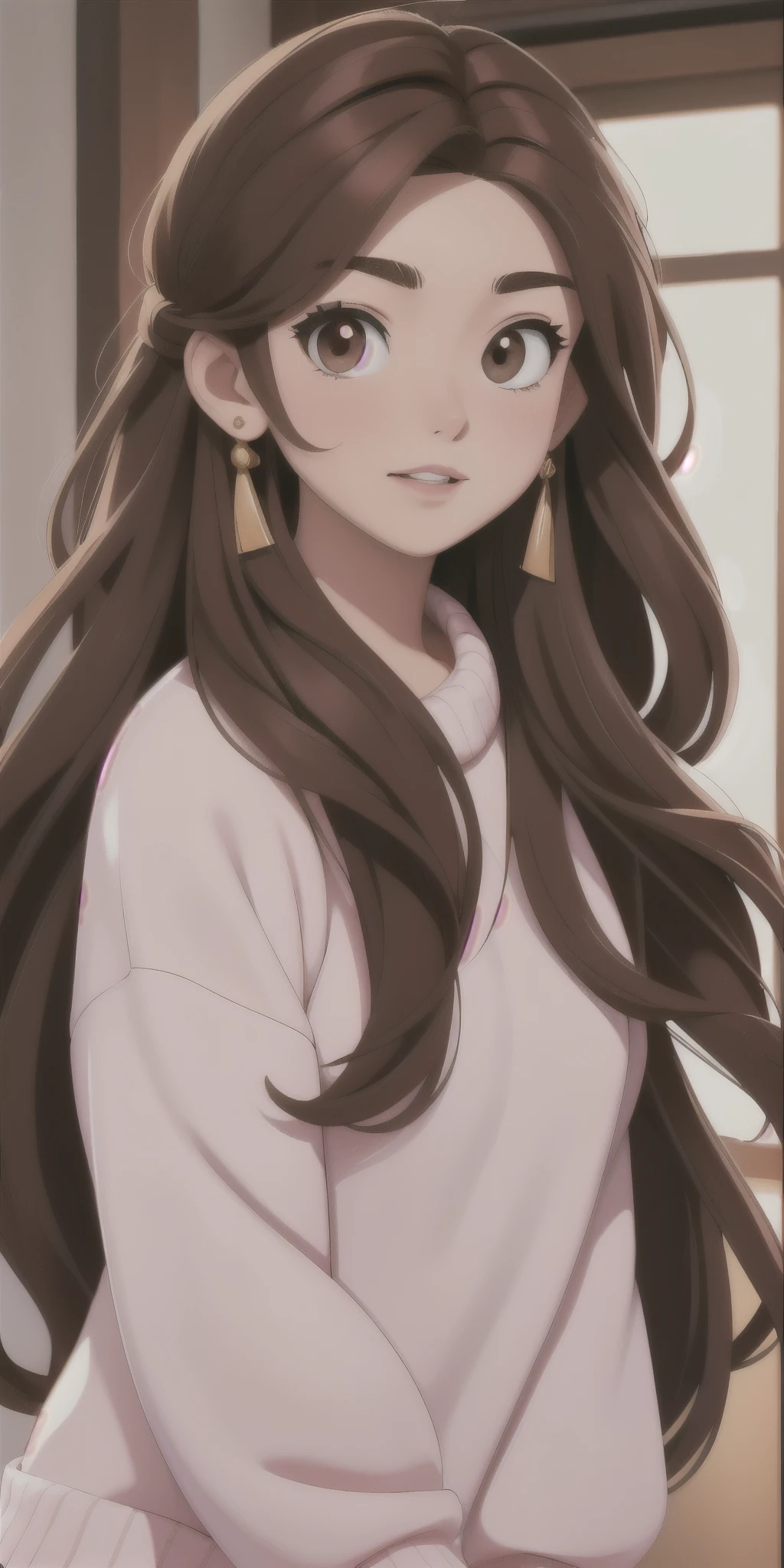 Girl, long brown hair, brown eyes, sharp features, white skin, pink lips, perfect, sweater