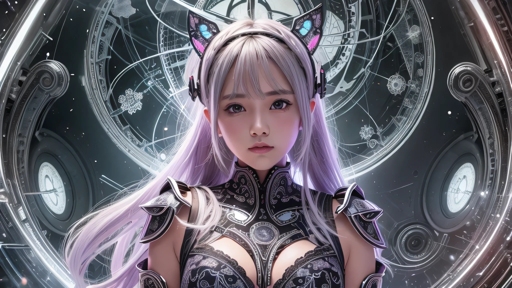 cyborg, girl, beautiful girl, cute, sexy, strong, thin, delicate, smile, (Lolita Costume), High Leg, metallic, Ultra Color, Paisley, headgear, Mandala, Near future, heaven, Angel, Fater, wing, Helix lamp