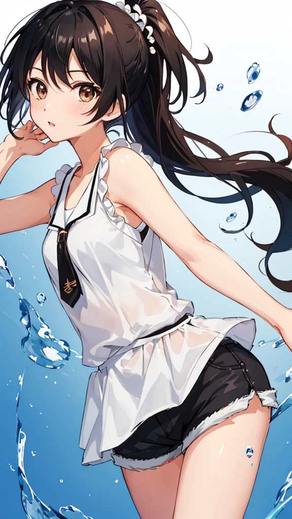 Highest quality、anime、solo、1 beautiful girl、Black Hair、Brown eyes、Wink、ponytail、Sleeveless、Shorts、rain