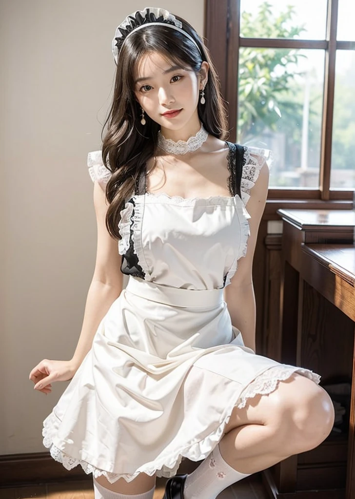  Medium chest, Dressed, Perfect lighting, break, (Maid clothes:1.5), (Black and White Palette:1.2), (Lace details:1.3), (Silk material:1.2), (Apron dress:1.4), (fit＆Flared silhouette:1.3), (White lace blouse:1.4), (Black vest:1.2), (Gold Button:1.1), (High Waist Skirt:1.3), (Black flared skirt:1.4), (White knee-high socks:1.3), (Black Mary Jane Shoes:1.2), (Lace Headband:1.2), brake, (From the upper body to the knees:1.2),  (An elegant maid pose with her skirt slightly lifted with one hand:1.4), (Simple and elegant interior background:1.2), (Soft natural light:1.3),日本woman, smile, whole body, Slim face, きれいなwoman,Japanese,23 years old,woman,Brown long straight hair,Wet body,Perfect body,Trained abdominal muscles,Shiny skin,Highest quality,日本のwoman一人,diamond,Earrings