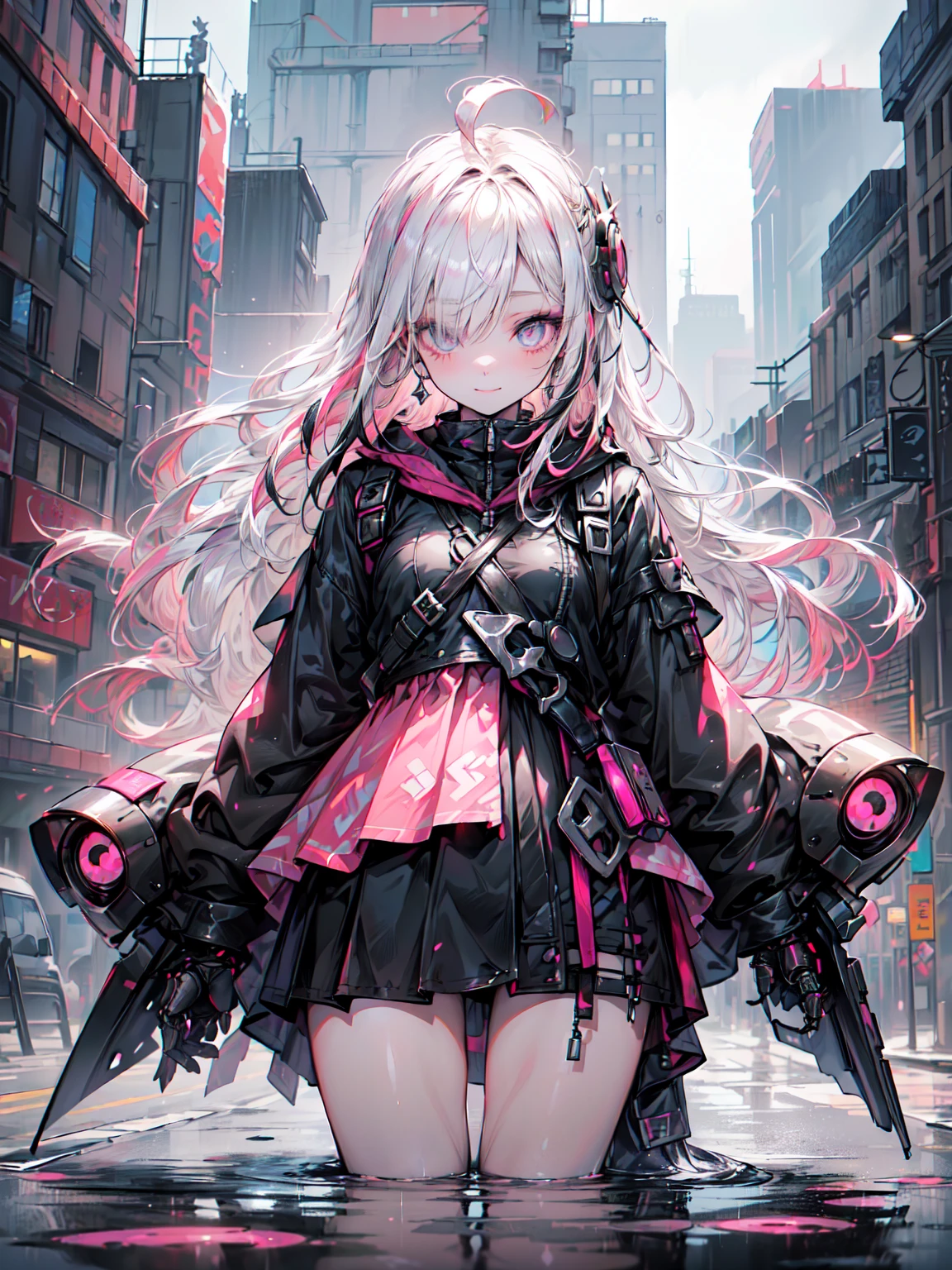 (Highest quality、8K、32k、masterpiece、Hmph:1.3)、(Realistic:1.4),((Shoot from the front,View your audience,(whole body:1.5),)),((18-year-old punk girl,Unusual punk hair、Bright black and pink hair:1.3)),(Pink and black punk fashion、Flared mini skirt)、(Clothes with studs、Stuffed rabbit、Back backpack、Wacky makeup、A desolate town soaked in rain,Puddles on the road、(Cinema Lighting)、Written boundary depth,Blurred Background、Organic Armor Cyborg、Machinery Armor、Armor Texture、Blake、非常にdetailed (Dark Elf), (1 Girl), alone, Perfect Face, detailed, Ahoge, ((Long Hair:1.2)), (Hair above one eye:1.3), [[Messy Hair]], Shiny blonde white hair, Purple eyes, Variegated eyes, Colorful Hair, Shining Eyes, Bright Eyes, Face imprint, (eyelash, eye shadow, pink eye shadow), smile, Design Art：haruhiko mikimoto, by Kawashi, By Yoshitaka Amano
