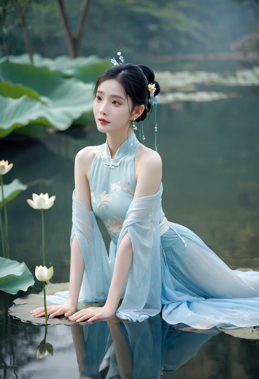 There is a blue skirt, 16 Long Legs, A woman sitting on a rock in the water, Standing gracefully on the lotus, Ethereal Beauty, Wearing blue cheongsam, court, Girl wearing Hanfu, Wearing blue cheongsam, Full of fairy atmosphere, In the pond, White Hanfu, A stunning young ethereal figure, floating dress, Light Blue, hair behind ear