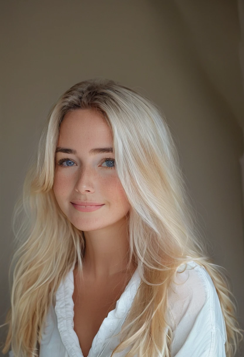 （（European Caucasian Woman））、（（Maria, 18 years old））One person、Thin contours、Grey Eyes、Big Breasts、Narrow waist、White and translucent skin、Beautiful, shiny blonde medium-long hair、8-head-tall model style、Long dress、Waist-down angle、smile、Hotel Rooms