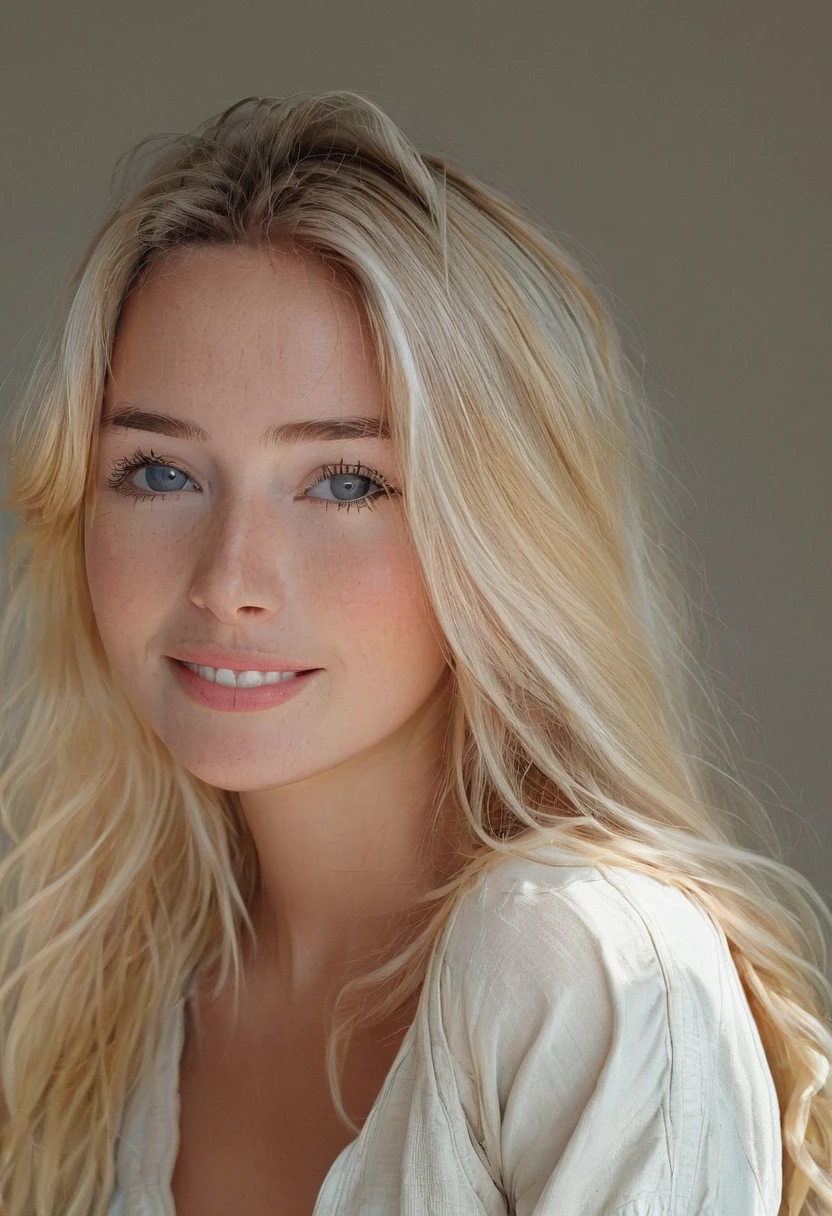 ((European Caucasian Woman))、((Maria, 18 years old))One person、Thin contours、Grey Eyes、Big Breasts、Narrow waist、White and translucent skin、Beautiful, shiny blonde medium-long hair、8-head-tall model style、Long dress、Waist-down angle、smile、Hotel Rooms