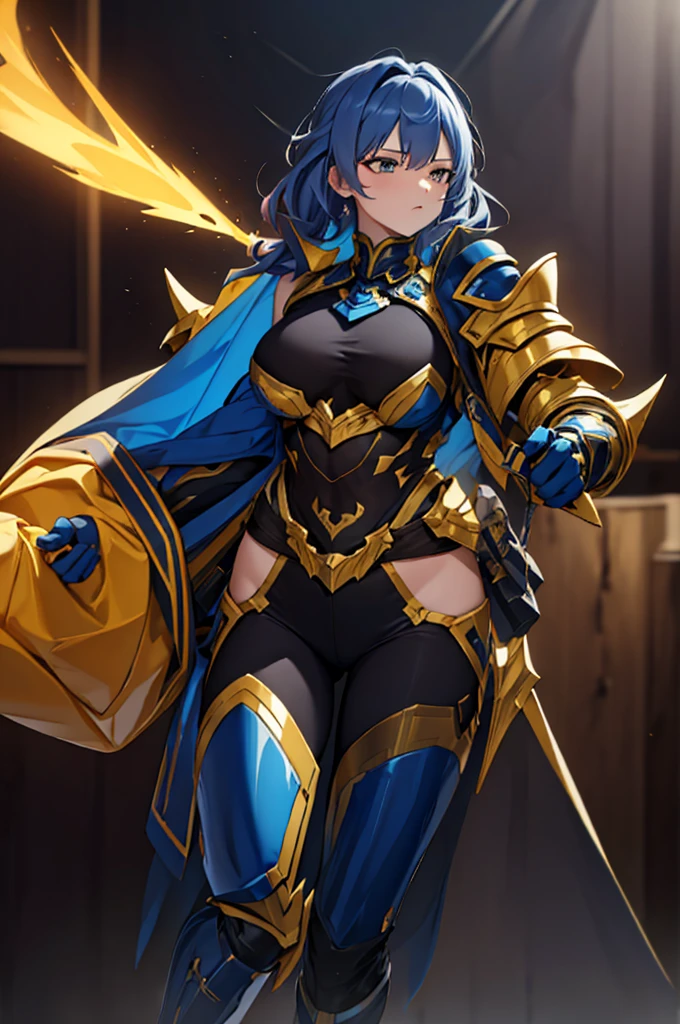 4K, work of art, high resolution, absurderes,, edgThunderstruck, a woman with a blue and gold armors ,usando edgThunderstruck_armors, electrified, heavy thunder,  