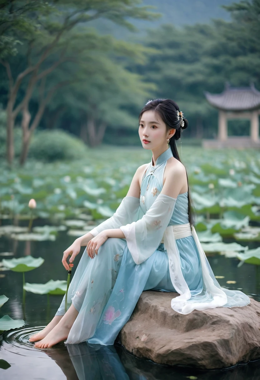 There is a blue skirt, 16 Long Legs, A woman sitting on a rock in the water, Standing gracefully on the lotus, Ethereal Beauty, Wearing blue cheongsam, court, Girl wearing Hanfu, Wearing blue cheongsam, Full of fairy atmosphere, In the pond, White Hanfu, A stunning young ethereal figure, floating dress, Light Blue, hair behind ear
