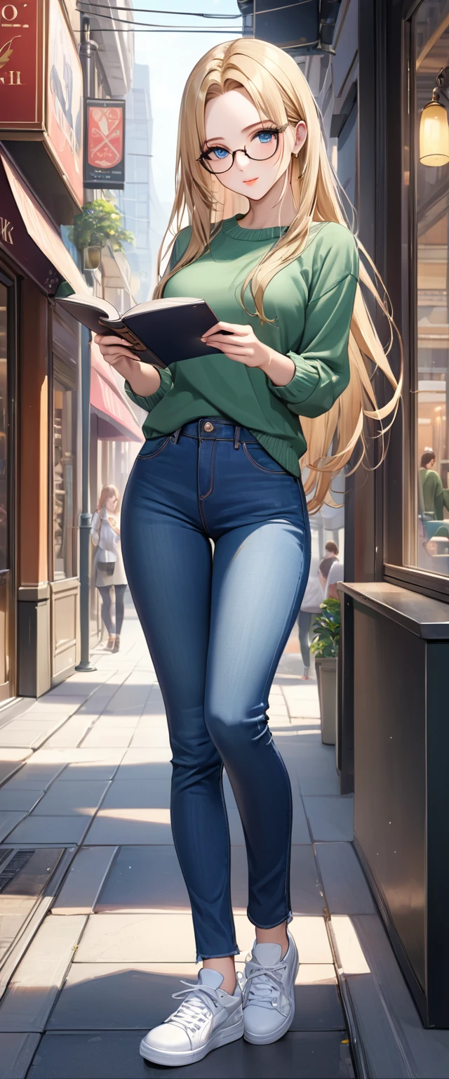 ((best quality, masterpiece:1.3, 8K)), (detailed), highly detailed face and skin texture, detailed eyes, downtown, full body, seductive pose, slender body, 1girl, 25 years old, white skin, blue eyes, bright lips, seductive smile, blond hair, straight hair, long hair, (forehead:1.0), blue eyes, reading glasses, green sweater, jeans pants, skinny jeans, blue jeans, white sneakers,