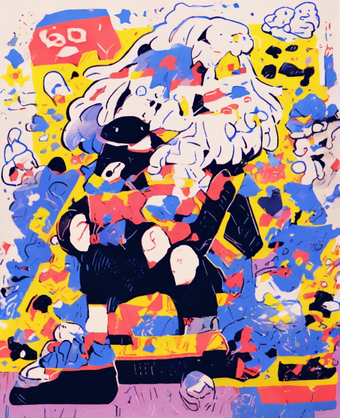 Transform into a colorful cartoon. Use a background with fireworks.