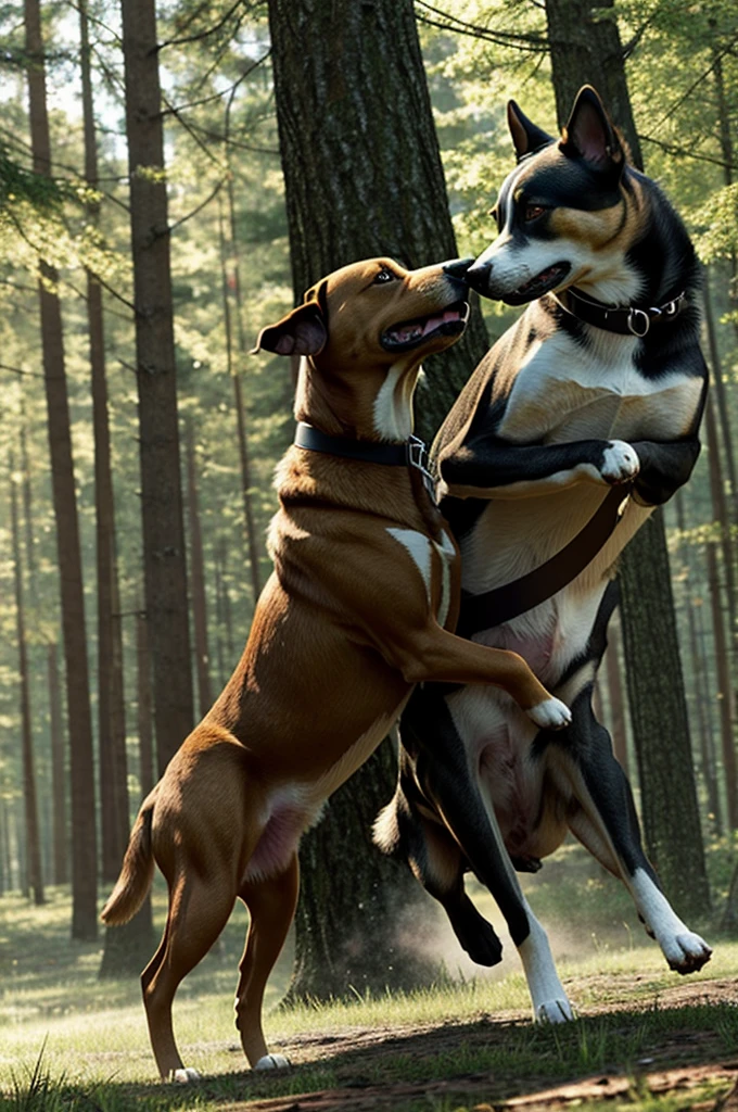 Create a realistic dog fighting another in a super realistic forest