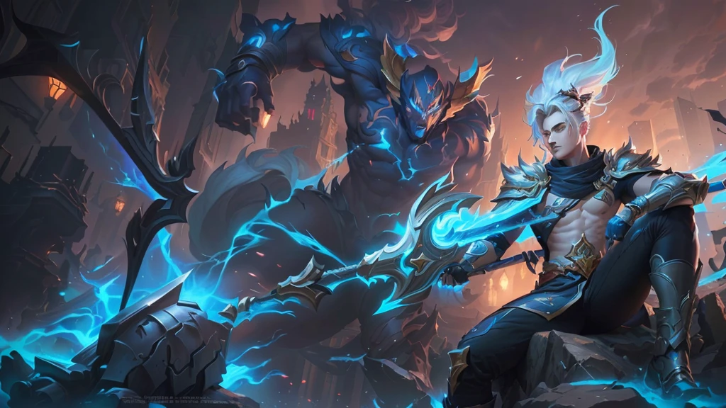 a young man dressed in black holding a long spear, silver hair, sitting on the corpse of a giant monster, in the city, ezreal (league of legends, ross tran and bayard wu, by Yang J, hero colorful city light pose, league of legends characters, official splash art, heise jinyao, ross tran style, league of legends character art, ross tran and artgerm, keqing from impact by genshin, 4k, full HD