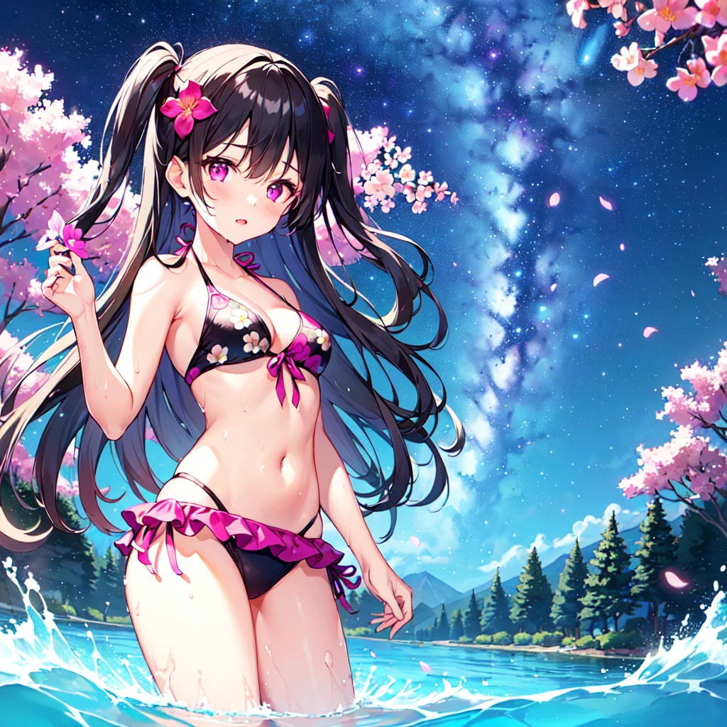 masterpiece, best quality, high quality, extremely detailed, very delicate and beautiful, (1 female 18 years old solo:1.2), (long black hair up to waist with two side up:1.4), bangs to eyebrows, eyes (eyes sharp and strong with glossy glossy eyes, eyebrows glossy, (eye color magenta:1.3), 6.5 head height, (summer flower print in bikini swimsuit:1.3), (bathing and wet), (dynamic pose), (background river and forest:1.3), (Milky Way Night Sky: 1.3)