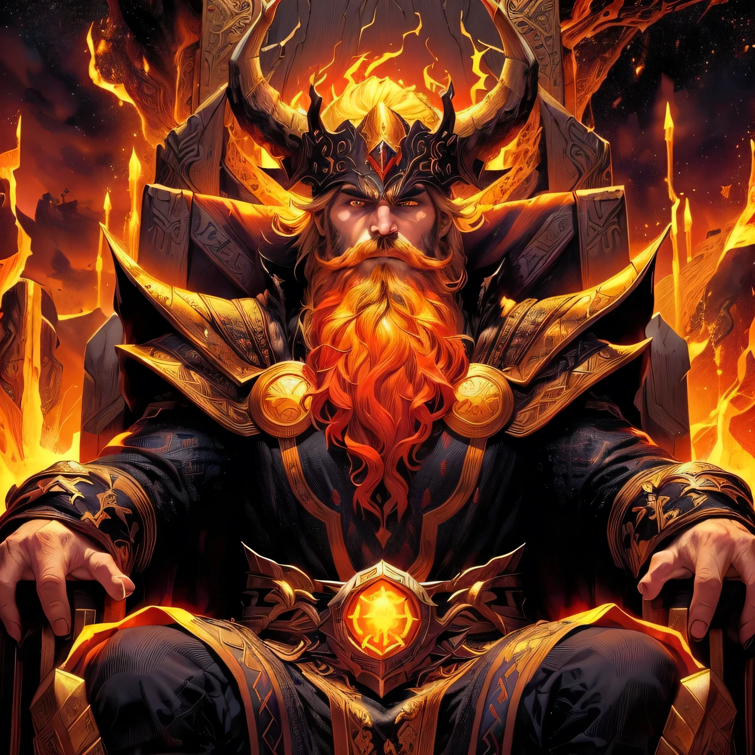 a man with a beard and a horned face sitting on a throne, the god of chaos, the fire king, fire giant, lord of cinder, adam warlock, norse god, odin, black thor, asgardian, the dark lord sauron, the god of thunder, an epic majestical degen trader, portrait of sauron