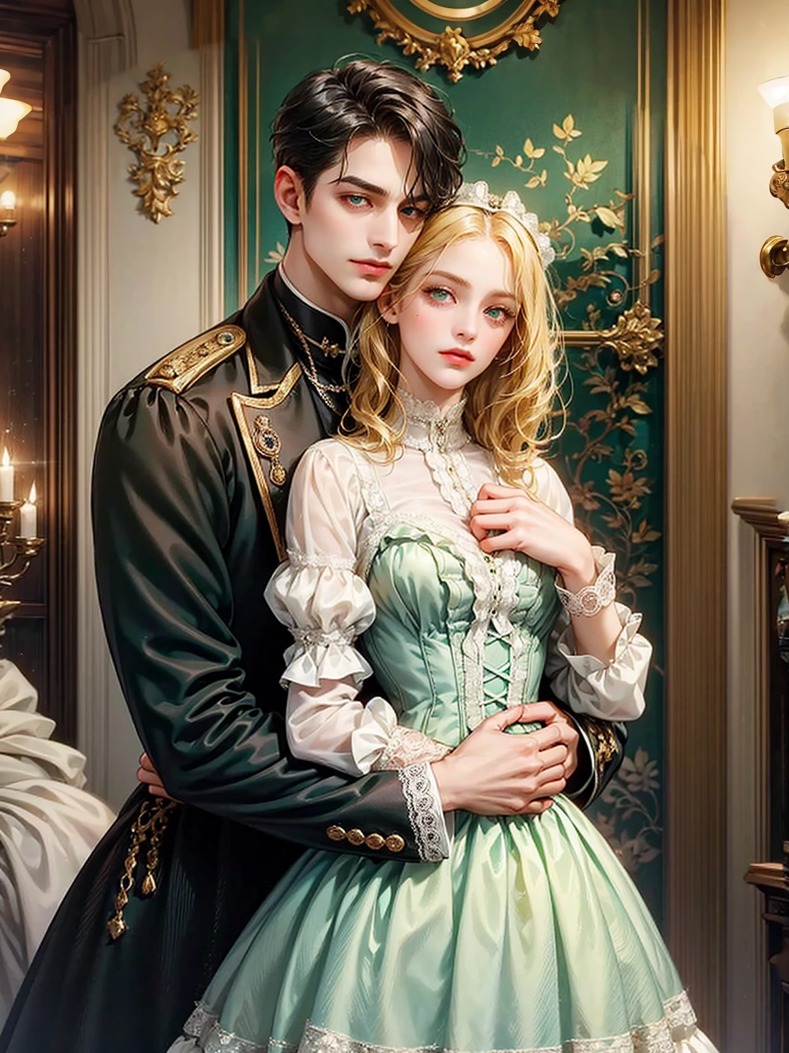 Couple, 1 girl 1 boy. Different hair color, cropped black hair and green eyes, small breast, victorian era unglued dress, short blonde hair, wavy hair and (sky blu eyes) , male Victorian era dress. They look at the viewers. They hug. Background inside of a hall
