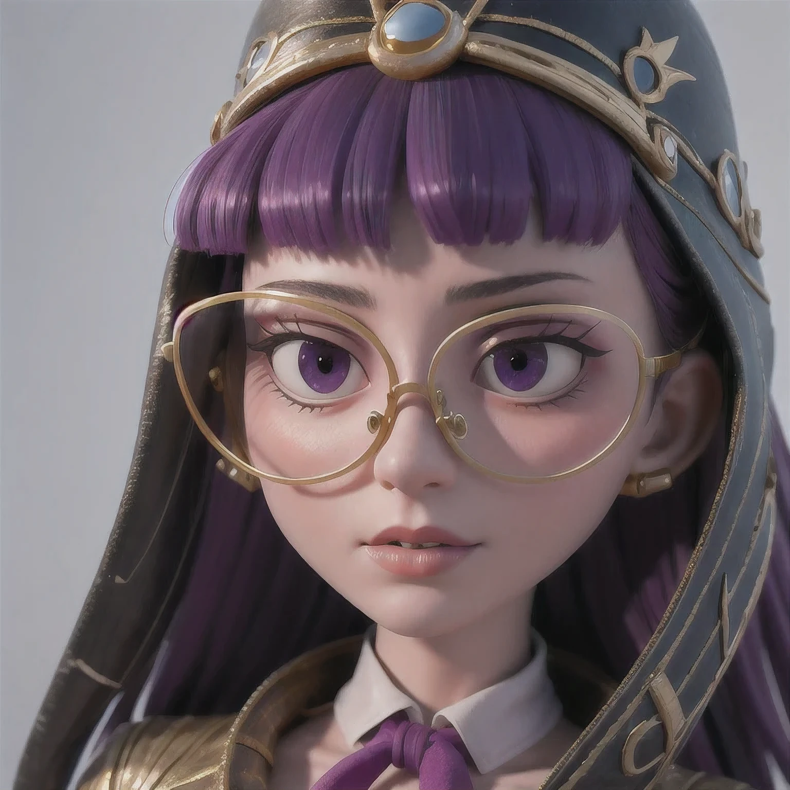 Purple Powder Queen, wear glasses