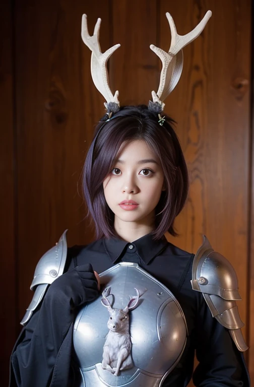 Caballero Jackalope, short purple hair, jackalope antlers, Dark armor(Masterpiece, Best Quality)