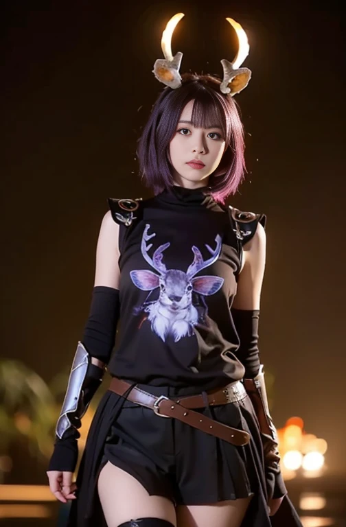 Caballero Jackalope, short purple hair, jackalope antlers, Dark armor(Masterpiece, Best Quality)