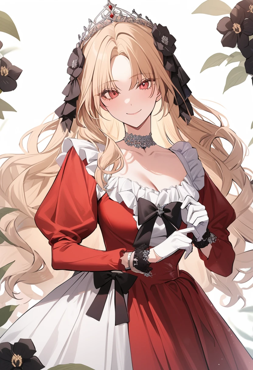((sexy-style)), masterpiece, newest, floral background, romance manhwa, 1girl, blonde hair, solo, long hair, flower, dress, tiara, white dress, gloves, long sleeves, choker, red eyes, white gloves, black bow, black flower, wavy hair, bow, jewelry, looking at viewer, white background, collarbone, puffy sleeves, silver accessories, upper body, parted bangs, very long hair, red dress, frills, bangs, closed mouth, smile, cowboy shot, dynamic pose, dynamic angle, dynamic cut