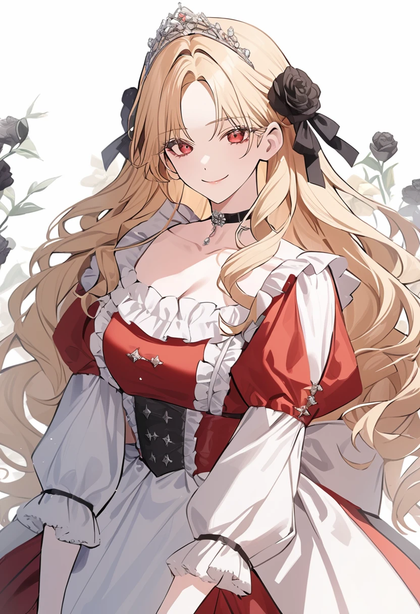 ((sexy-style)), masterpiece, newest, floral background, romance manhwa, 1girl, blonde hair, solo, long hair, flower, dress, tiara, white dress, gloves, long sleeves, choker, red eyes, white gloves, black bow, black flower, wavy hair, bow, jewelry, looking at viewer, white background, collarbone, puffy sleeves, silver accessories, upper body, parted bangs, very long hair, red dress, frills, bangs, closed mouth, smile, cowboy shot, dynamic pose, dynamic angle, dynamic cut