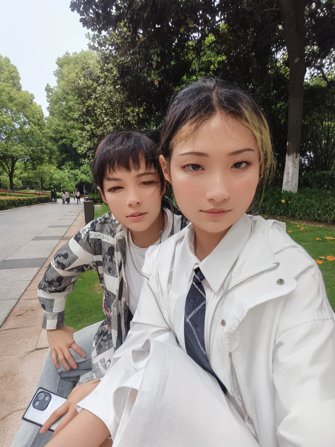 A beautiful detailed portrait of two young women, wearing elegant dresses, standing in a lush garden with blooming flowers, sunlight filtering through the leaves, high quality detailed faces, intricate hairstyles, delicate makeup, serene expressions, photorealistic, 8k, highly detailed, award winning art, cinematic lighting, vibrant colors, seamless composition