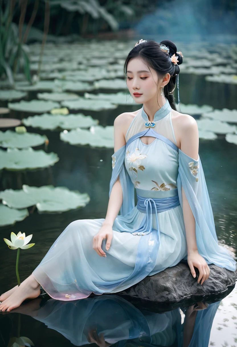 There is a blue skirt, 16 Long Legs, A woman sitting on a rock in the water, Standing gracefully on the lotus, Ethereal Beauty, Wearing blue cheongsam, court, Girl wearing Hanfu, Wearing blue cheongsam, Full of fairy atmosphere, In the pond, White Hanfu, A stunning young ethereal figure, floating dress, Light Blue, hair behind ear