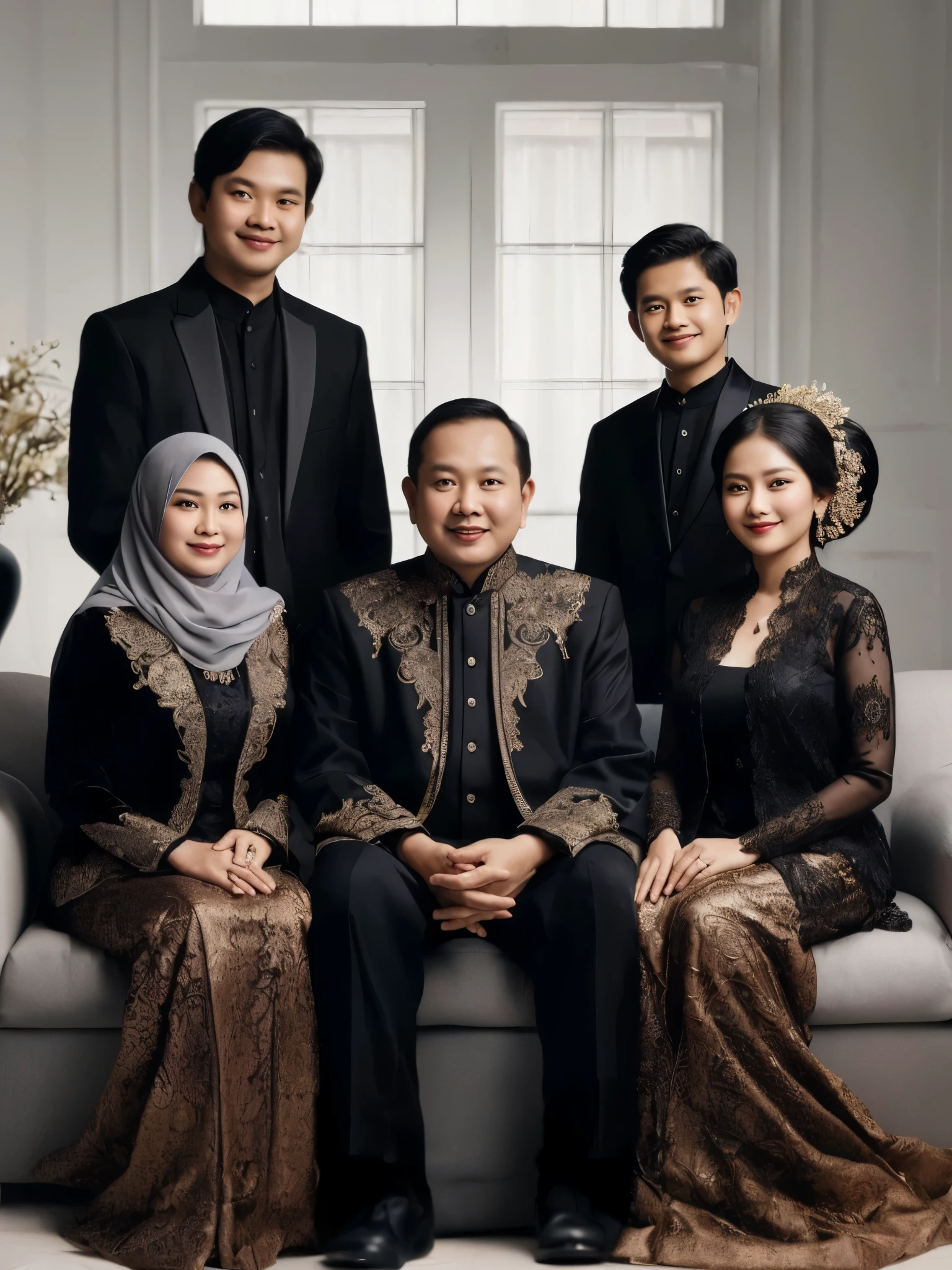 arafed family posing for a picture in formal attire, an indonesian family portrait, barong family, family portrait, full protrait, by Basuki Abdullah, barong family member, happy family, inspired by Basuki Abdullah, potrait, formal attire, portrait shot, protrait, mourning family, in majestic, taken in 2 0 2 0, classic portrait