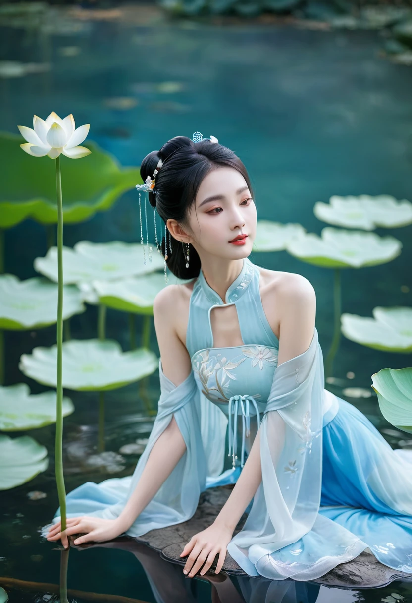 There is a blue skirt, 16 Long Legs, A woman sitting on a rock in the water, Standing gracefully on the lotus, Ethereal Beauty, Wearing blue cheongsam, court, Girl wearing Hanfu, Wearing blue cheongsam, Full of fairy atmosphere, In the pond, White Hanfu, A stunning young ethereal figure, floating dress, Light Blue, hair behind ear
