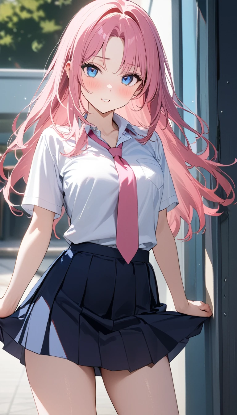 (1 girl),(Best Picture Quality, 8K, Masterpiece:1.3), (high school student:1.5), (pink lob hair), (bumpy hair), (parted bangs), (slant skyblue eyes), ((school uniform, white short simple sleeve shirt, darkblue skirt, pink tie)), (super clear:1.5), (glistening skin:1.1),(pale skin:1.1),