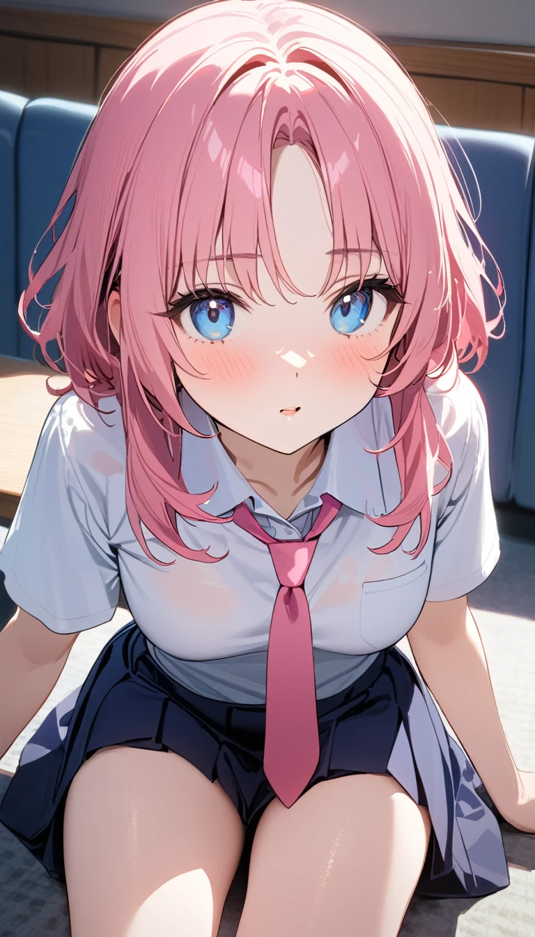 (1 girl),(Best Picture Quality, 8K, Masterpiece:1.3), (high school student:1.5), (pink lob hair), (bumpy hair), (parted bangs), (slant skyblue eyes), ((school uniform, white short simple sleeve shirt, darkblue skirt, pink tie)), (super clear:1.5), (glistening skin:1.1),(pale skin:1.1),