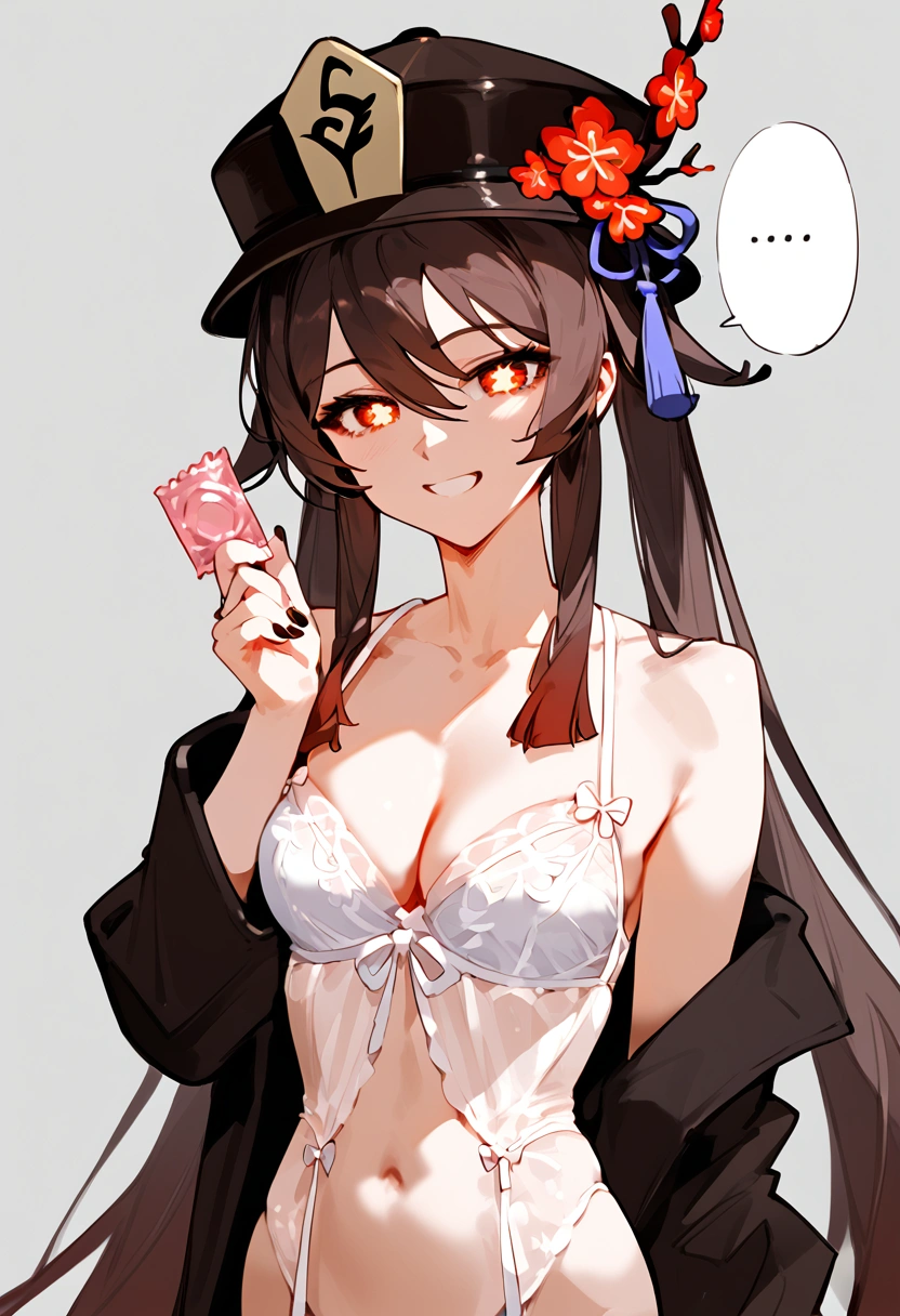 anime artwork, score_9, score_8_up, score_7_up, score_6_up, score_5_up, score_4_up, hu tao, she is 24 years old, style_3, gray background, , , , , _, smile, solo, bridal lingerie, holding condom, speech bubble, fellatio gesture