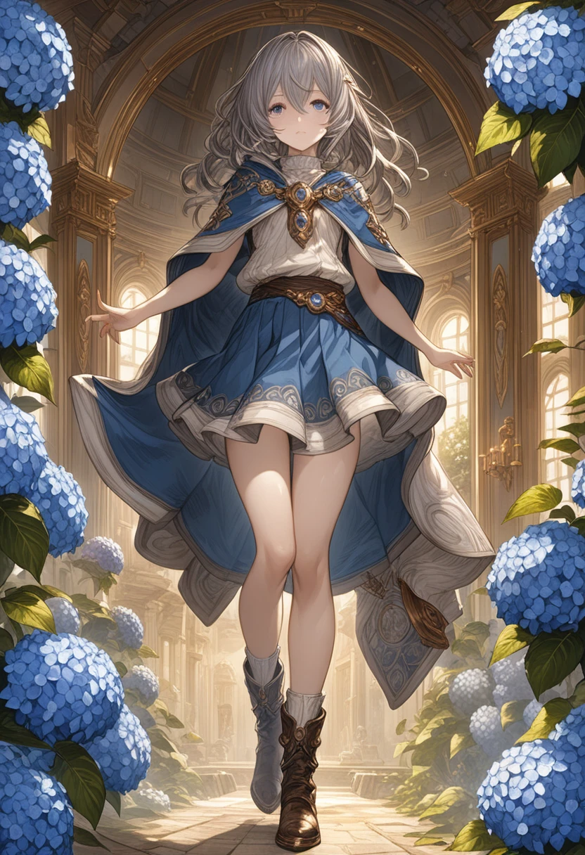 Grandblue_Fantasy_style_Xl, Grandblue,(Golden Ratio:1.2),[(Celadon Background:1.4)::10],(masterpiece), (最high quality), (Super detailed),(Disheveled Hair),(figure),1 Girl,alone,(masterpiece、最high quality、high quality)、(masterpiece、最high quality、high quality)、((((dramatic)))、(((intense)))Hydrangea growing from his face、Girl、Gray Hair、Blue bristles、Purple Eyes、Fantasy、Wearing a poncho、skirt、Analog Touch、Fantasy装飾、boots+[(Inception:1.2)],Ultra-high resolution, retina, Anatomically correct, Textured skin, Super detailed, 最high quality, High resolution shaded face, intricでe detail, cinemでic lighting, Great quality, Great shade, detailed Illustrでion, Official artwork, wallpaper, Highly detailed eyes and face, Beautiful attention to detail, ((masterpiece, 最high quality)),Full body image