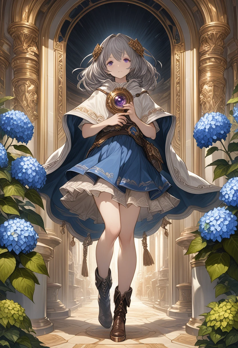 Grandblue_Fantasy_style_Xl, Grandblue,(Golden Ratio:1.2),[(Celadon Background:1.4)::10],(masterpiece), (最high quality), (Super detailed),(Disheveled Hair),(figure),1 Girl,alone,(masterpiece、最high quality、high quality)、(masterpiece、最high quality、high quality)、((((dramatic)))、(((intense)))Hydrangea growing from his face、Girl、Gray Hair、Blue bristles、Purple Eyes、Fantasy、Wearing a poncho、skirt、Analog Touch、Fantasy装飾、boots+[(Inception:1.2)],Ultra-high resolution, retina, Anatomically correct, Textured skin, Super detailed, 最high quality, High resolution shaded face, intricでe detail, cinemでic lighting, Great quality, Great shade, detailed Illustrでion, Official artwork, wallpaper, Highly detailed eyes and face, Beautiful attention to detail, ((masterpiece, 最high quality)),Full body image