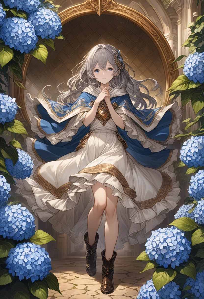 Grandblue_Fantasy_style_Xl, Grandblue,(Golden Ratio:1.2),[(Celadon Background:1.4)::10],(masterpiece), (最high quality), (Super detailed),(Disheveled Hair),(figure),1 Girl,alone,(masterpiece、最high quality、high quality)、(masterpiece、最high quality、high quality)、((((dramatic)))、(((intense)))Hydrangea growing from his face、Girl、Gray Hair、Blue bristles、Purple Eyes、Fantasy、Wearing a poncho、skirt、Analog Touch、Fantasy装飾、boots+[(Inception:1.2)],Ultra-high resolution, retina, Anatomically correct, Textured skin, Super detailed, 最high quality, High resolution shaded face, intricでe detail, cinemでic lighting, Great quality, Great shade, detailed Illustrでion, Official artwork, wallpaper, Highly detailed eyes and face, Beautiful attention to detail, ((masterpiece, 最high quality)),Full body image